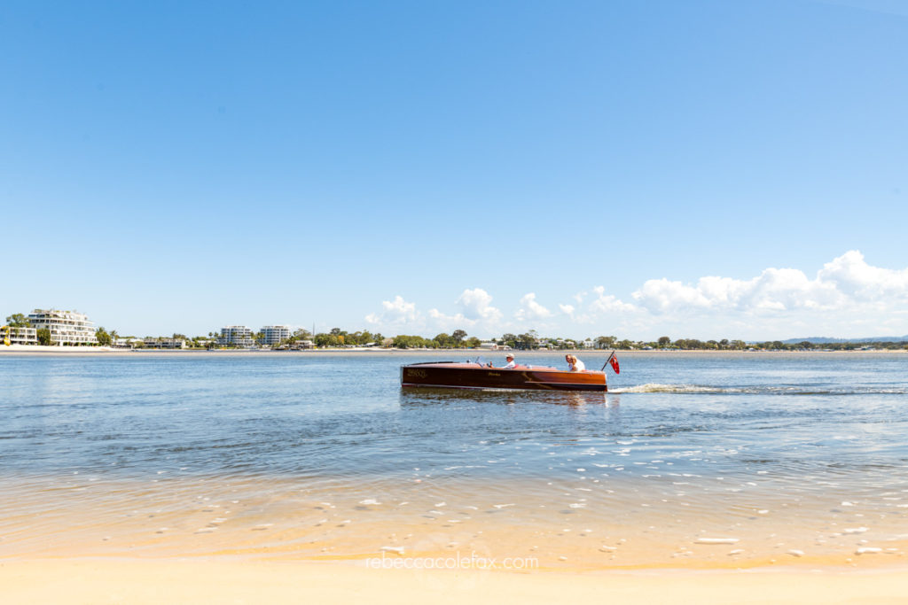Noosa Dream vintage speedboat wedding couple Noosa River