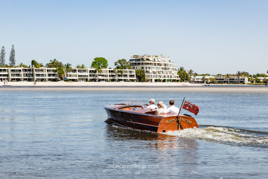 Noosa Dream vintage speedboat wedding couple Noosa River