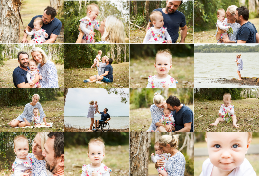 A young family together at Lake Weyba Noosa, dad in a wheelchair, mum and baby laughing